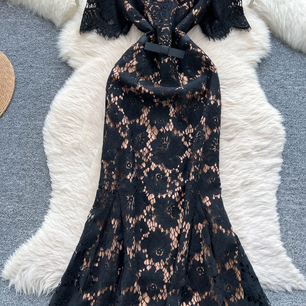 Chic vintage V-neck short sleeve dress Elegant Fairy korean fashion autumn Party women clothing