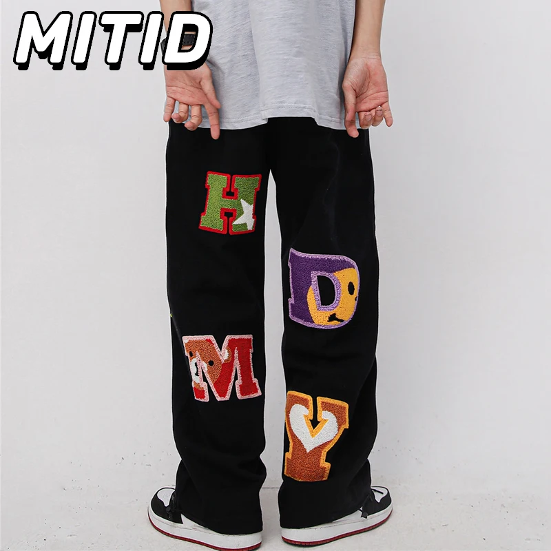 Calça alta masculina, carta toalha bordada, elástico na cintura, cordão, casual, reto, perna larga, calças de streetwear hip hop