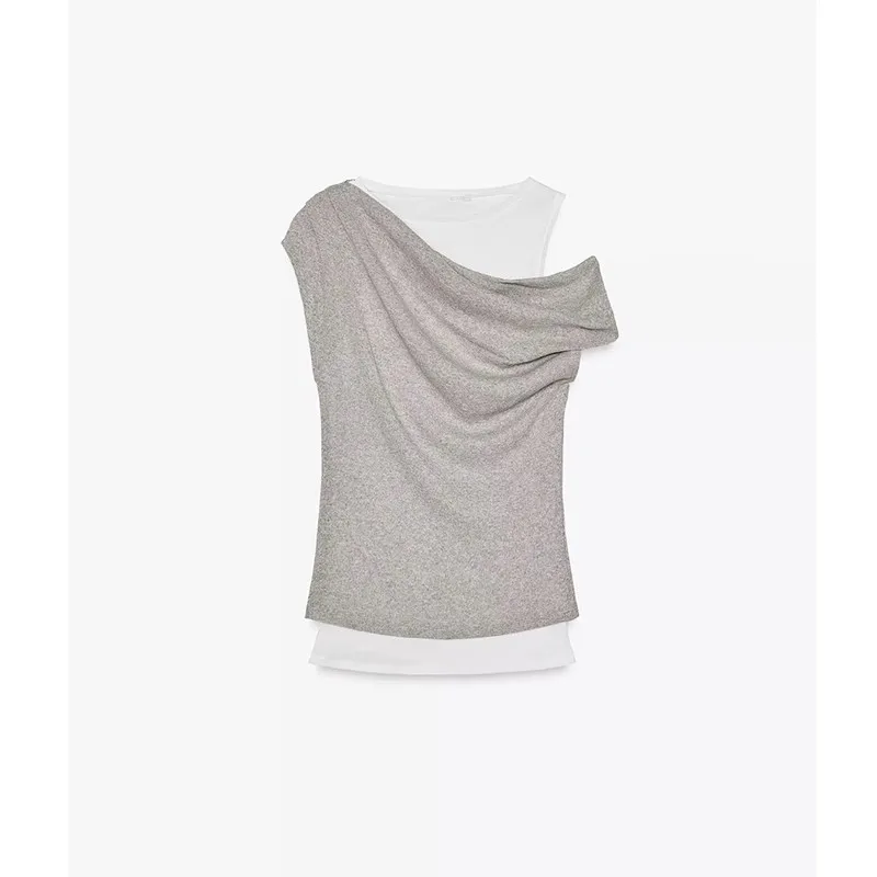 

Asymmetrical Color Block Double Layer round Neck Vest Sleeveless T-Shirt Women's plus Size Summer Top Straight Tube Shape