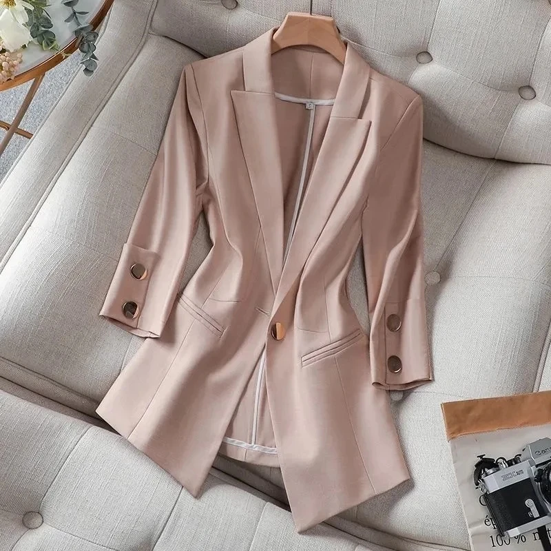 2022 Summer Solid Color Elegant Green Blazer Casual Thin Women Jacket Women\'s Korean Style V-neck Office Lady Suit Coat