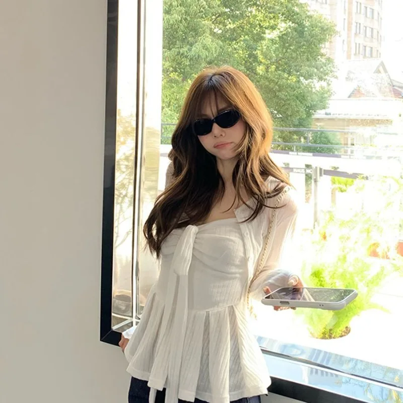 

Y2k White Long Sleeve Sun Protection Coat Women+ Sexy Slim Fit Ruched Bow Camisole Vest 2025 Summer New Two Piece Sets