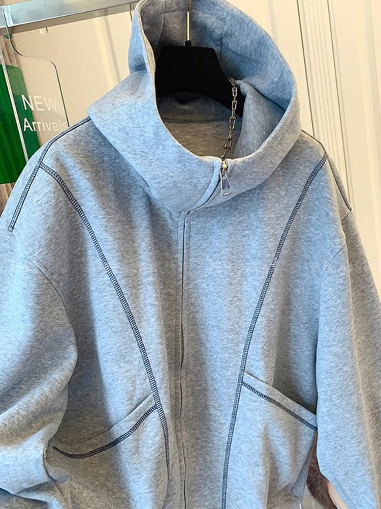 الأمريكية الرجعية عارضة المرأة هوديس أزياء فضفاضة سحاب أكمام طويلة البلوز معطف جديد الشارع الشهير تنوعا سترة الإناث #2