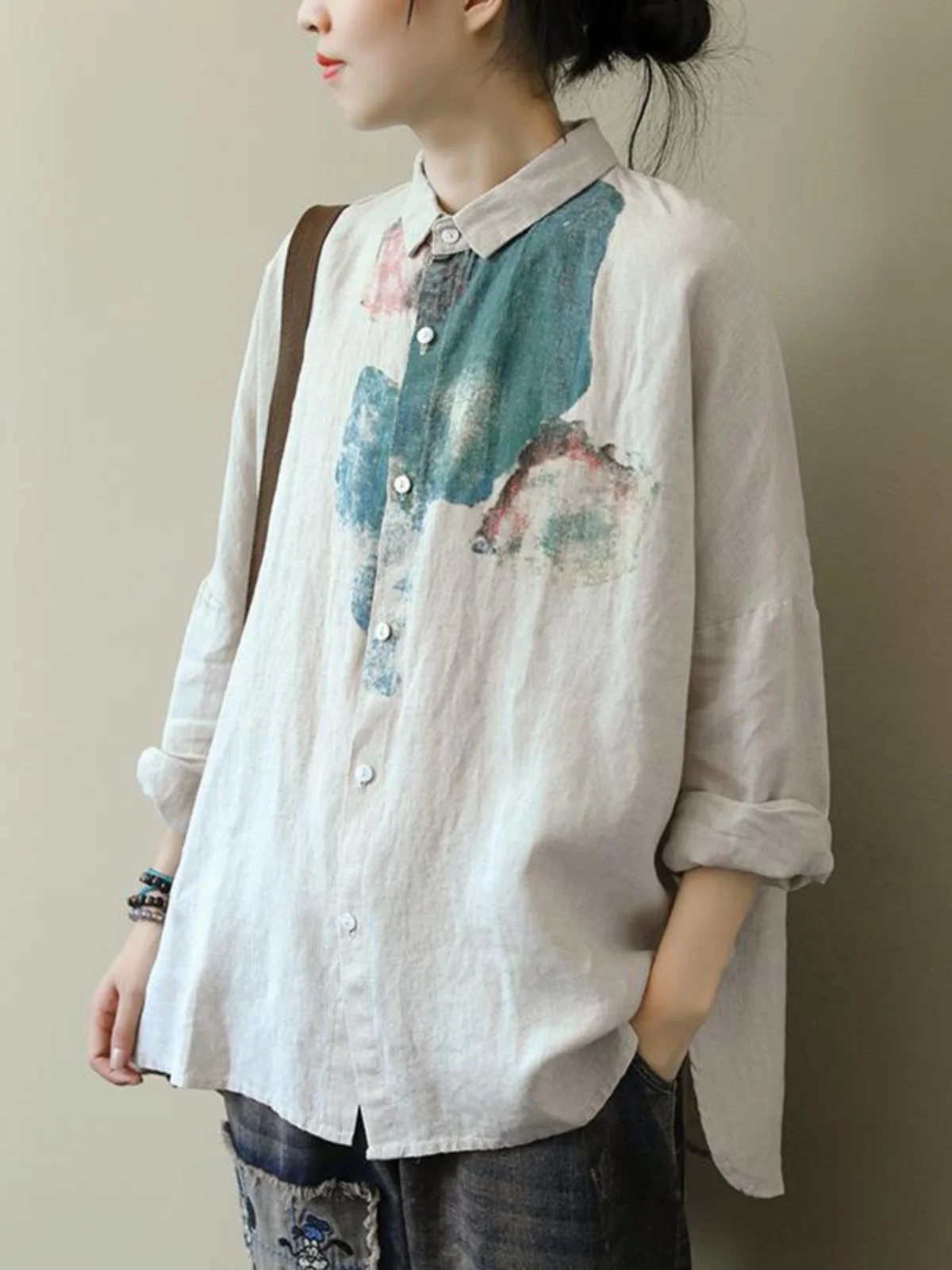 Top con bottoni larghi e vestibilità ampia con colletto casual versatile da donna in cotone e lino con stampa artistica giapponese