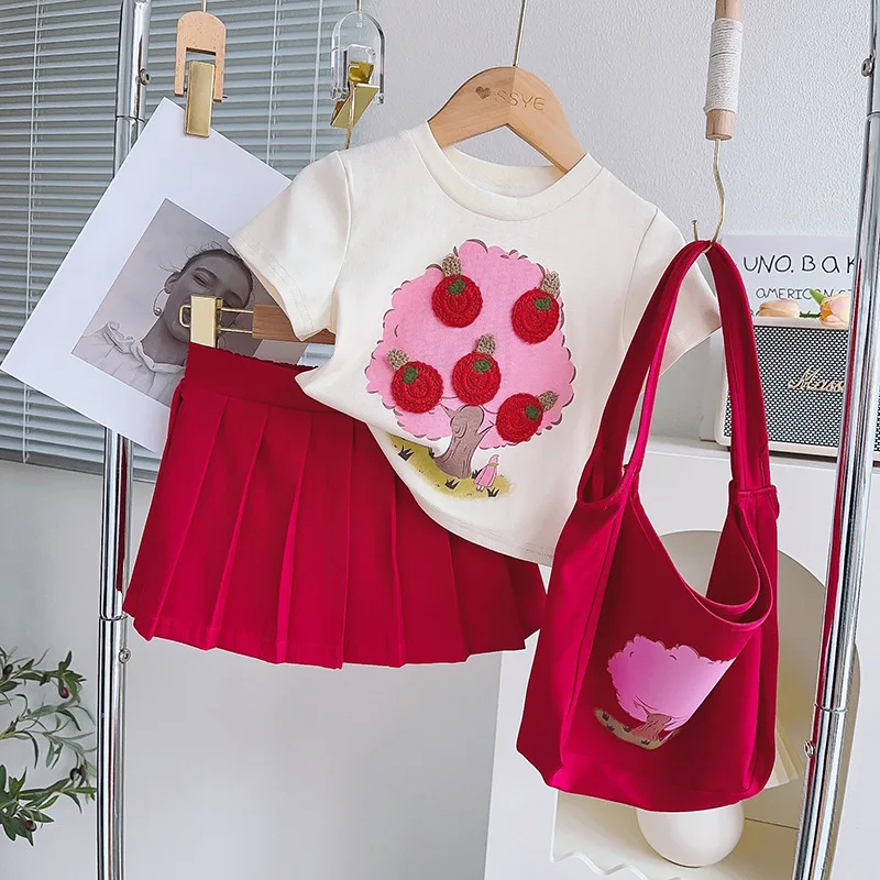 Free Bag Baby Girls Short-sleeved Apple Tree T-shirt Skirt Summer Cartoon Print Tops Shirts Pleated Skirt 3pcs Clothing Sets