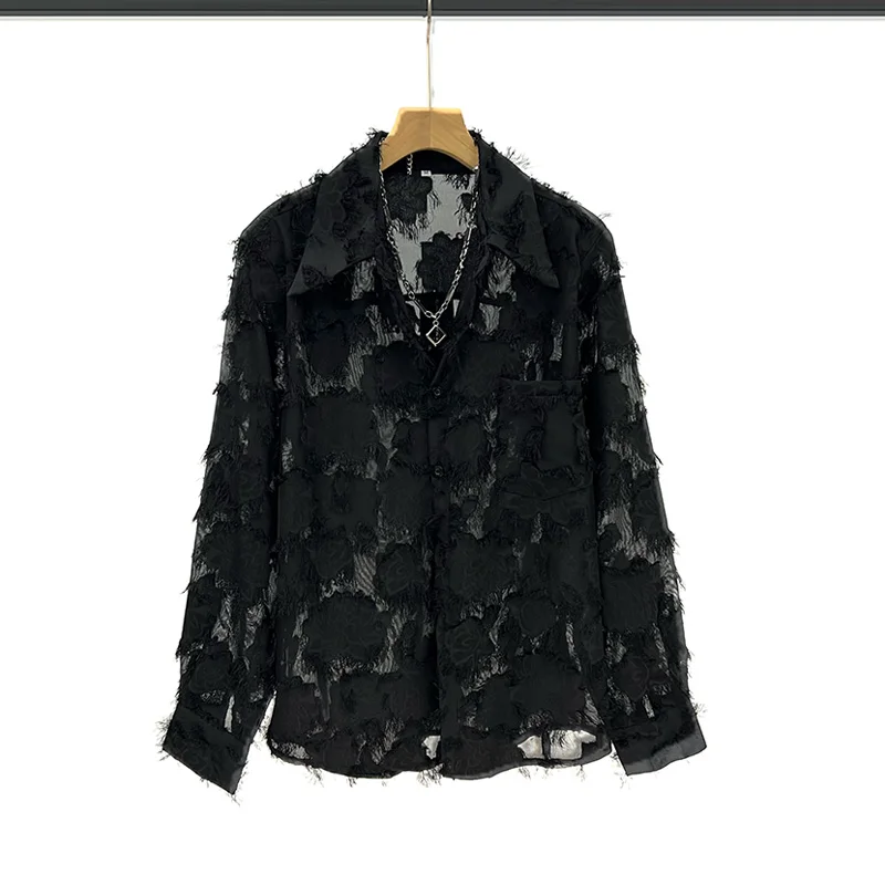 2025 Korean Version ins Summer New Thin Tassel Hollow Design Mesh Jacquard Shirt Men's Loose Casual Turn-down Collar Top