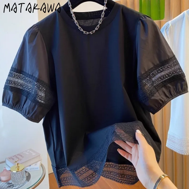 Matakawa Lace Patchwork T Shirt for Women Puff Sleeve Spring Summer Vintage Ropa De Mujer Fashion Solid Elegant Camisetas