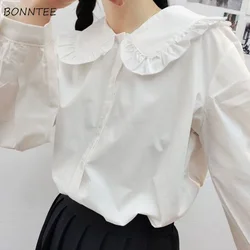 Sweet Girlish Shirts Women Gentle Preppy Style Peter Pan Collar Aesthetic Pure Ruched Design Kawaii Camisas Puff Sleeve Autumn