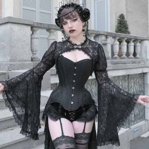 Imagen 2 del producto Tops cortos calados para mujer, blusa gótica elegante encaje, cuello falso, mangas acampanadas, cubre para fiesta citas