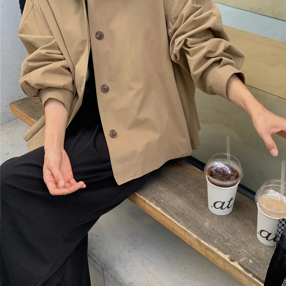 Korean Chic Short Hooded Coat Jacket Women Loose Shoulder Flip Collar Button Thin Casual Outerwear