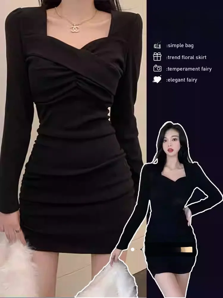 Black Slim Fit Wrap around Mini Dress for Women Autumn Winter New Sle Commute High Waist A-Line Skirt Long Sleeve Short Dress