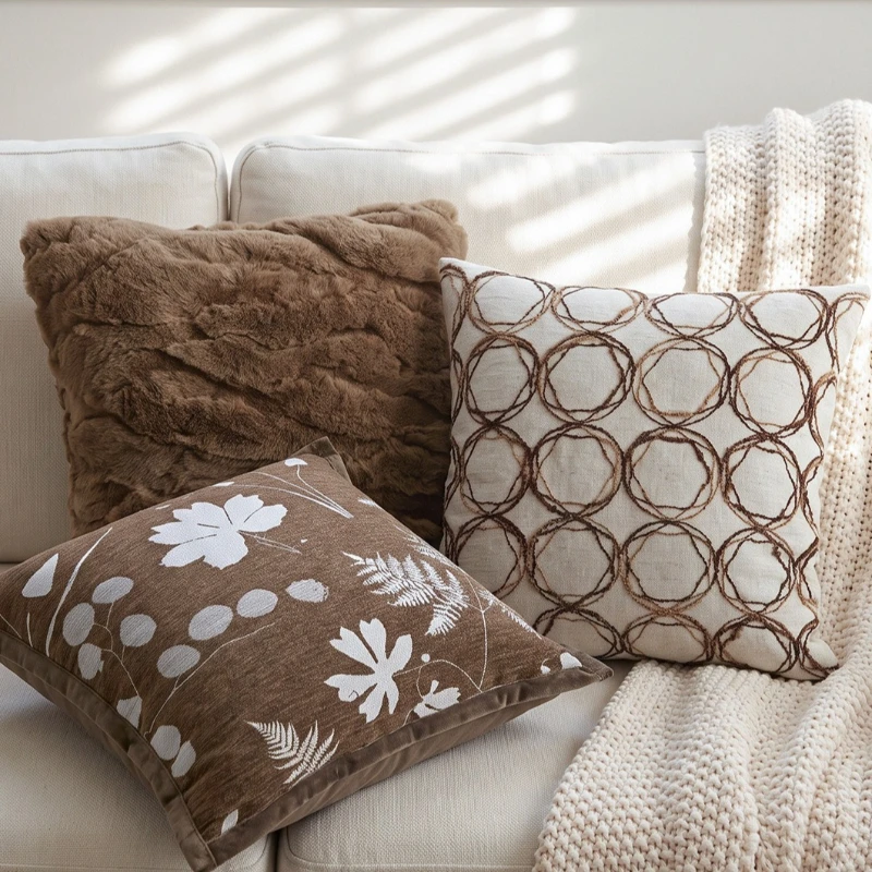 Luxury Plush 3D Embroidered Cushion Cover Brown Cream Throw Pillow Case Cozy Faux Fur Textured Decorative Pillow Cover for Sofa