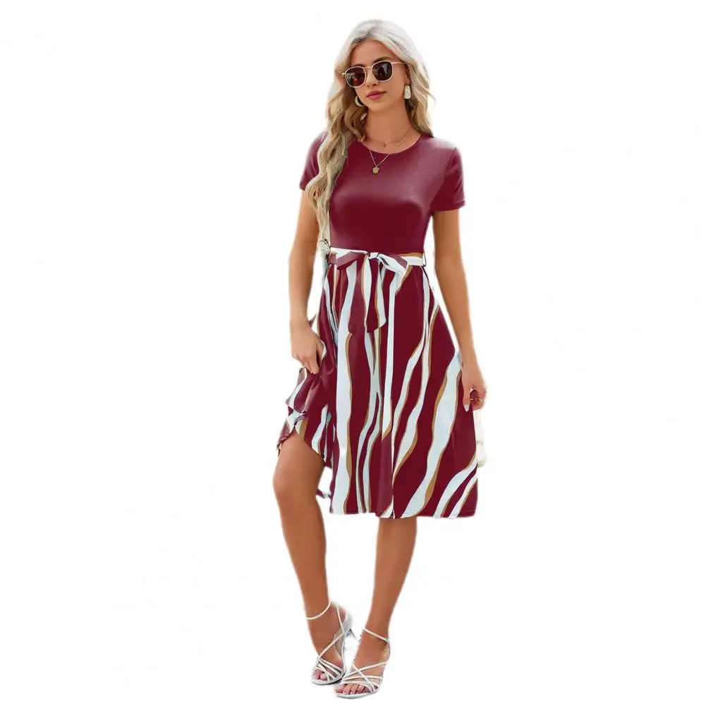 

Summer Women Dress Print O Neck Belted Tight Waist Bow Decor A-line Big Hem Knee Length Female clothing فساتين طويلة