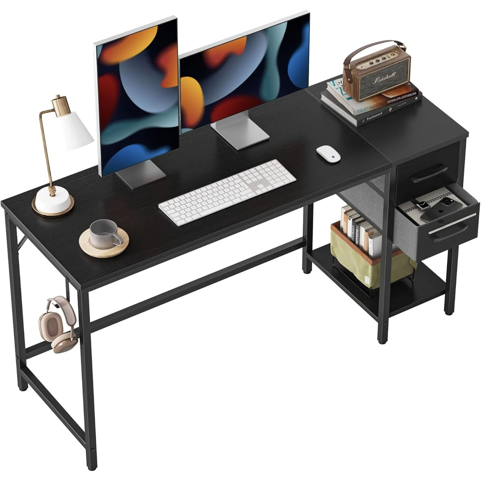 US Computer Desk with 2 Drawers, 55 Inch Small Home Office Desk Study Writing Table, Black