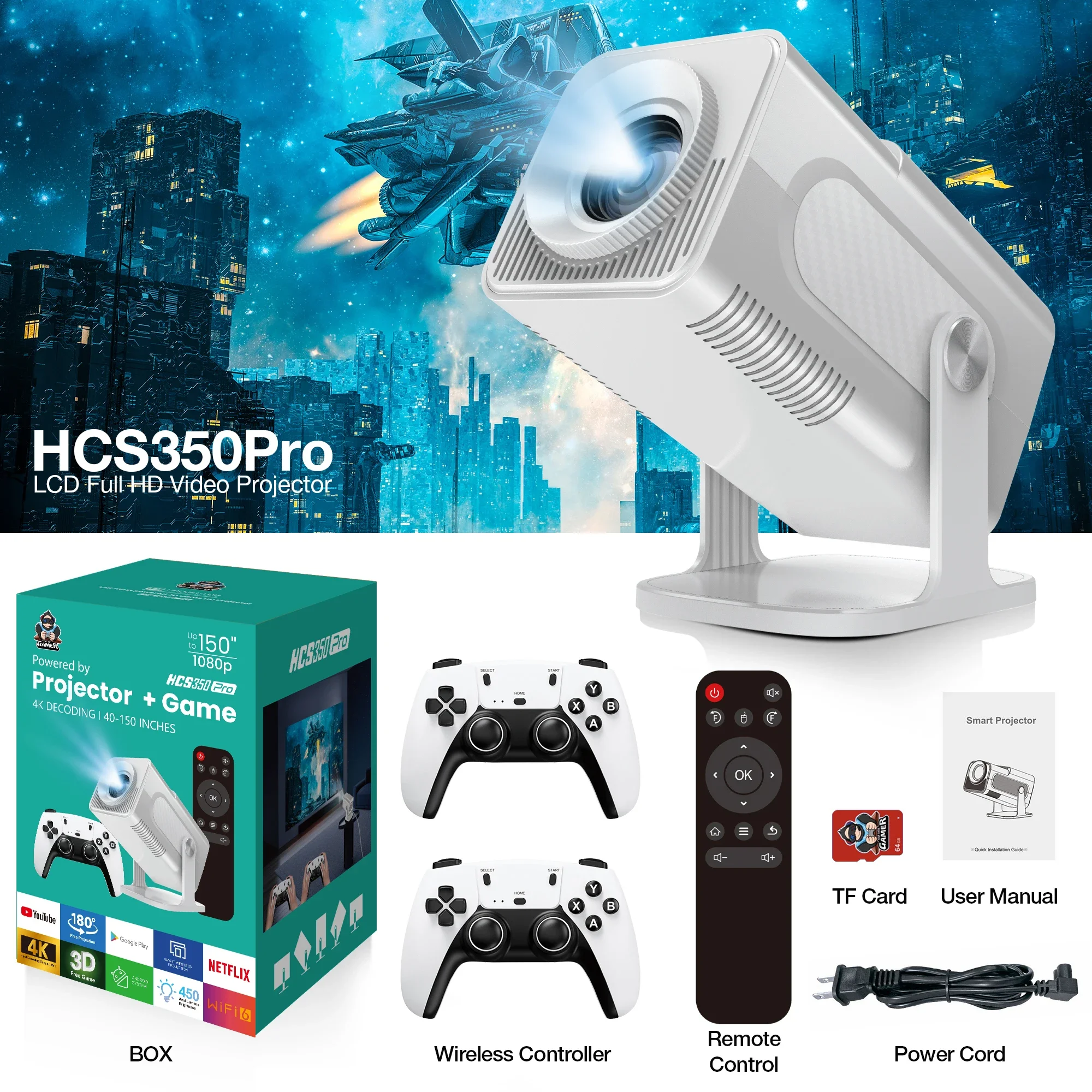 

Black/white HCS350pro Retro video game consoles Android12.0 TV OS A53 system WIFI Portable Intelligent Projector 720p Projector
