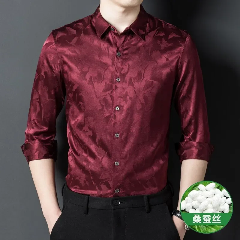 100% Real Natural Silk Clothing Claret Red White Elegant Clothes For Mens Dress Wedding Party Wear Satin Smooth Blouses Large