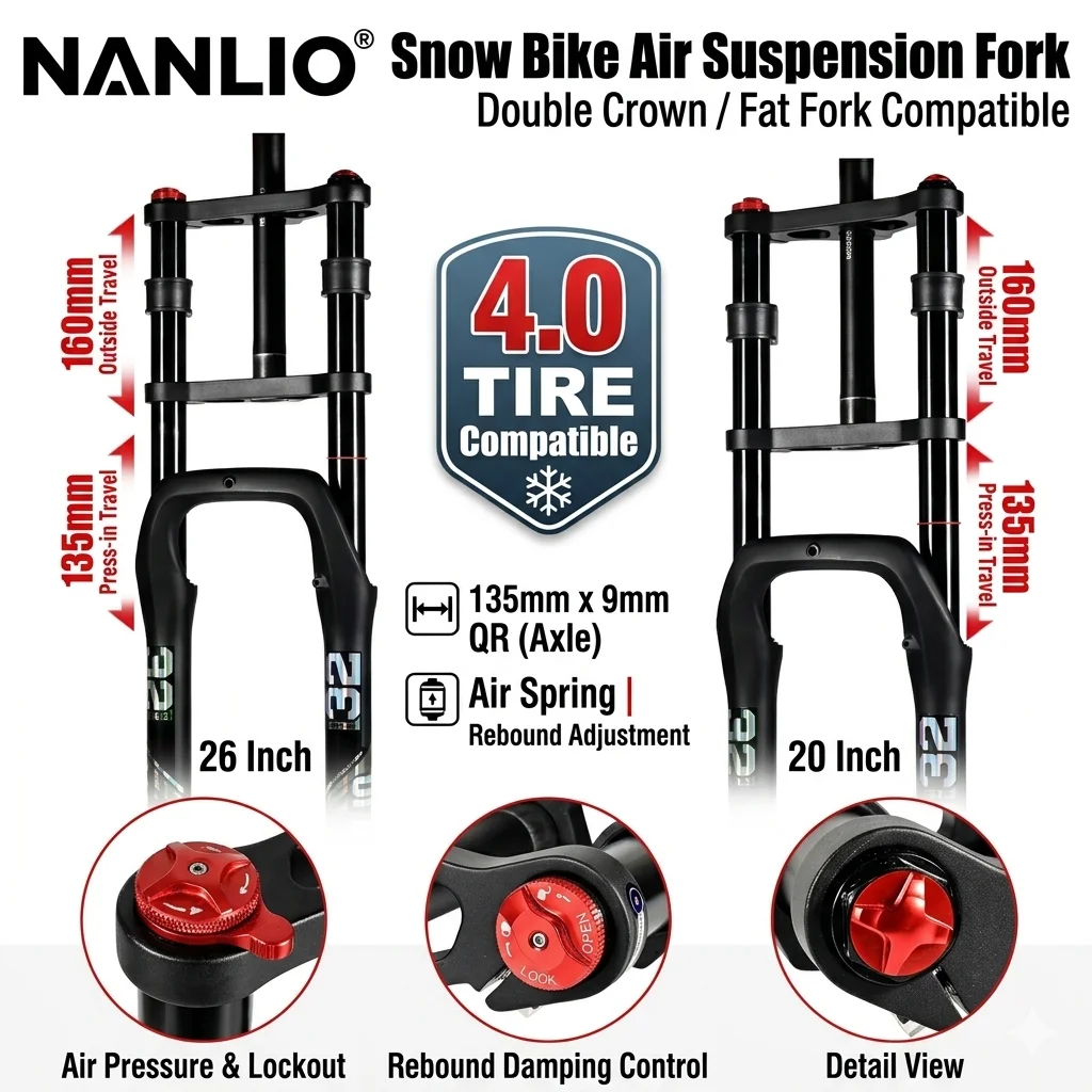 

Nanlio Fat Bike Air Suspension Fork 20 26 Inch Double Crown MTB E-Bike Front Fork 135mm Travel 135x9mm QR For 4.0 Fat Tire Snow