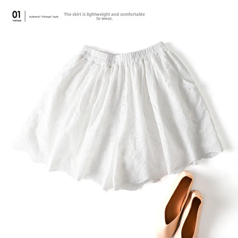 Ele bestickte, ausgehöhlte Baumwoll-Ort-Hose für Damen, lockere Freizeithose mit weitem Bein, bequem, atmungsaktiv, Sommerfaion