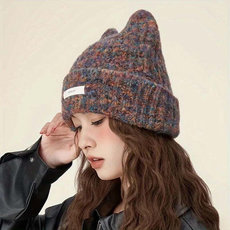 Women Cat Ear Beanie Elastic Band Winter Hat Warm Christmas Multicolor Tie-Dye Festive Accessory, Textured Construction