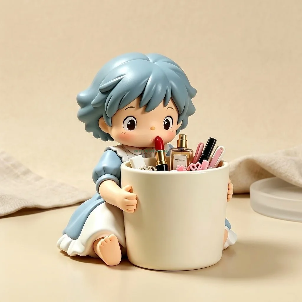 Hot Selling Authentic Blue‑Hair Darcy Girl Storage Statue Desktop Brush Pen Container Vanity Accent Home Decor Hobby Present