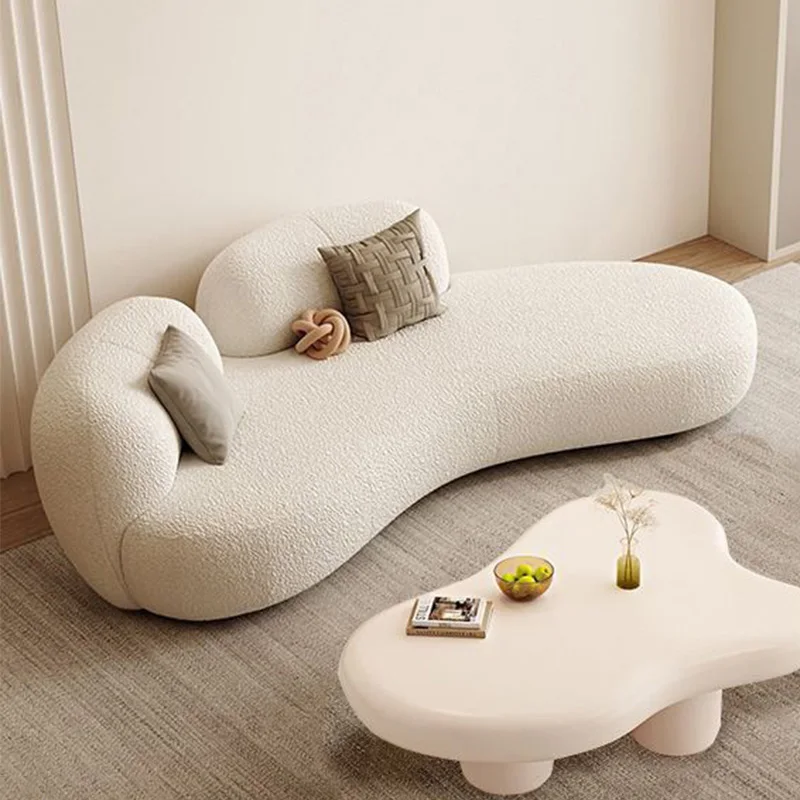 

Cozy White Lamb Fleece Sofa with Wood Frame Minimalist Modern Living Room Couches Elegant Apartment Reception Soft Lounge Sofas