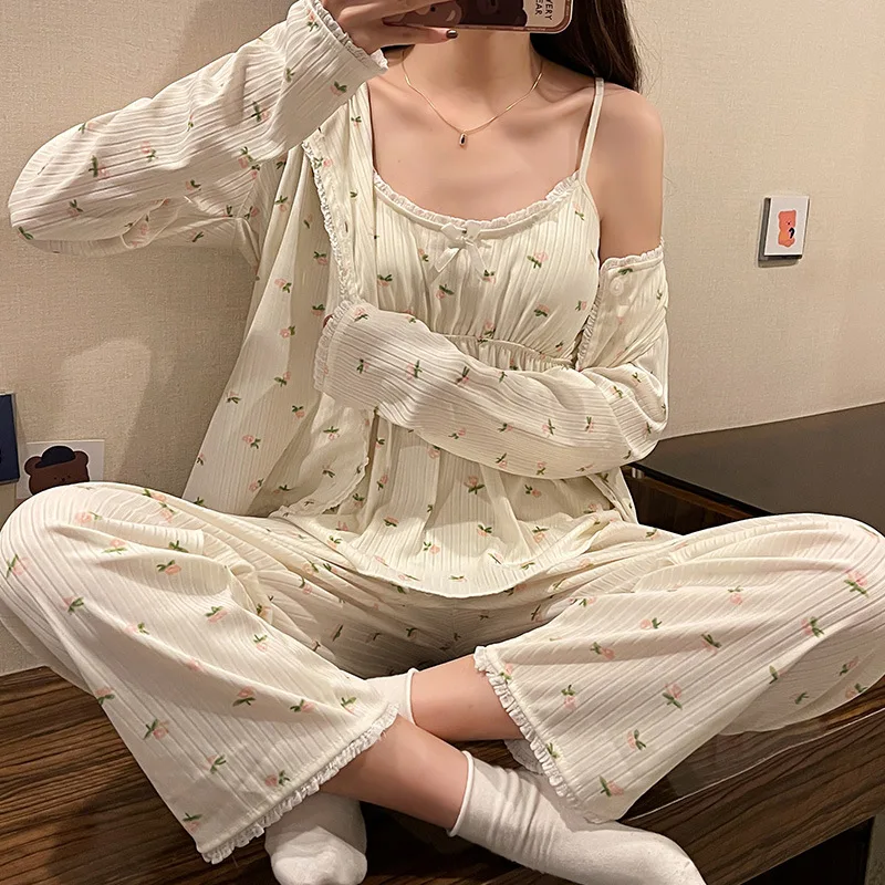 Fdfklak New Ladies Pajamas Set 3Pcs Cardigan+Camisole+Pants Cotton Femme Sleepwear Spring Autumn Comfort Loose Homewear