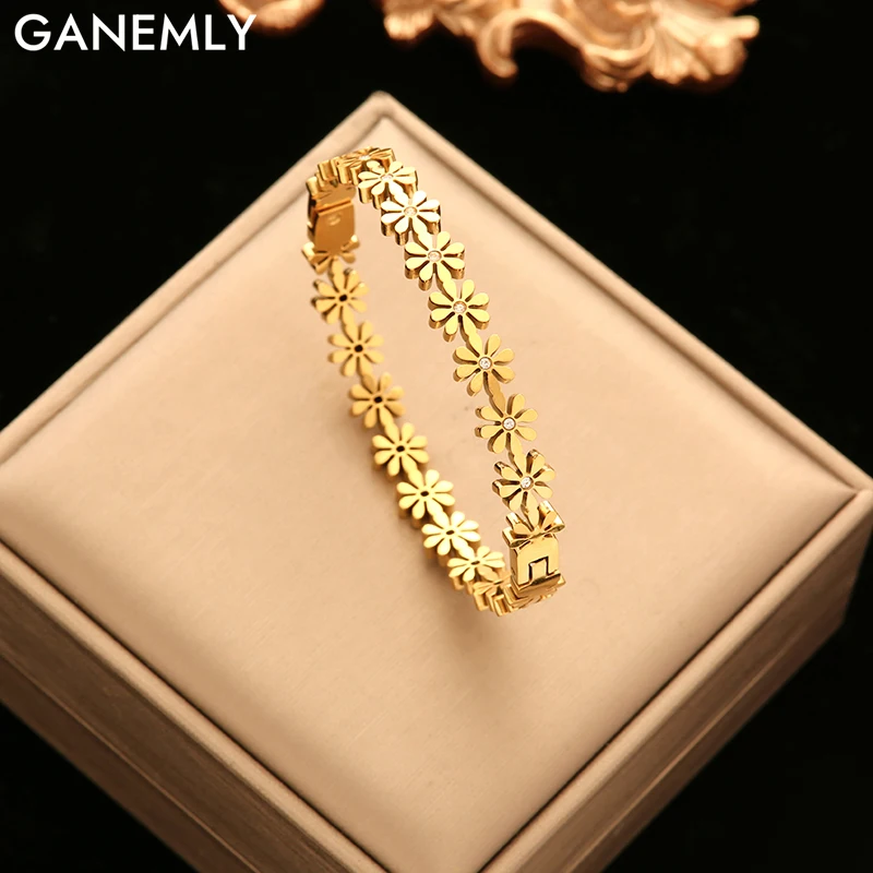 

GANEMLY 316L Stainless Steel Flowers Bangle Bracelet For Women New Trendy Waterproof 18K Gold-Plated Wrist Jewelry Lady Gift