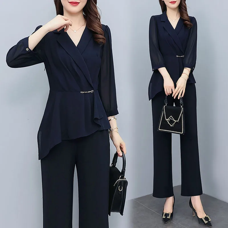 Women Spring Autumn Oversize Pants Sets Office Lady 2 Pieces Outfits Fashion Turn Collar Irregular Hem Top Female Pantsuits