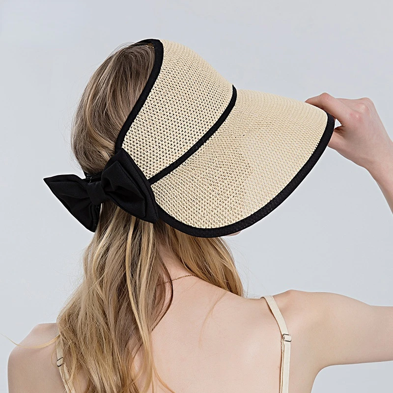 Women\'s Hat Summer Wide Brim Air Sun Hats UV Protection Top Empty Hat Bow Hollow Straw Hat Adjustable Ladies Foldable Beach Hat