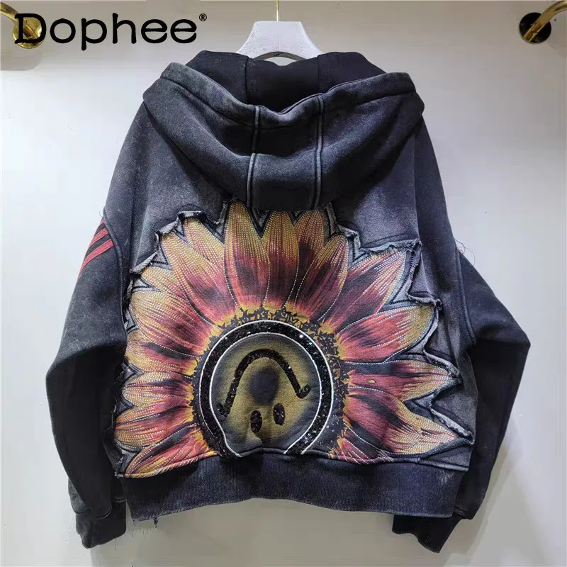 

Street Hipster Hoodie Coat Autumn and Winter Women's Clothing Casual Fashion Sticker Embroidered Hooded Thickened Short Coat