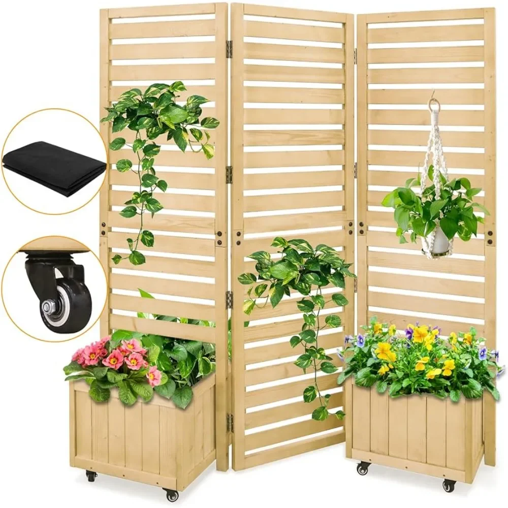 Freestanding Panel with Planter Boxes and 2 Raised Garden Beds,61.3''L x 19.7''W x 66.5''H，3 Hinged Panels for Patio, Backyard