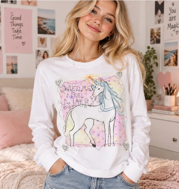 Women Y2K Long Sleeve T-Shirt Sometimes I Feel Angry Unicorn Graphic Slim Fit White Tee Cute Grunge Streetwear Tops - view 2