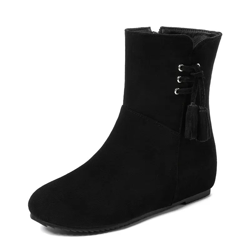 

SIMLOVEYO Women Ankle Boots Round Toe 3.5cm Increased Heels Fringe Flock Suede Casual Daily Female Bota Cool Sale On Size 42 43