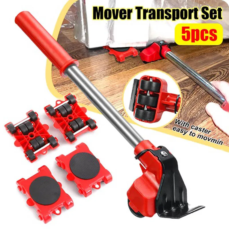 5Pcs/Set Heavy Duty Furniture Lifter Mover Roller with Wheel Bar Moving Device Lifting Helper Furniture Moving Transport Tool