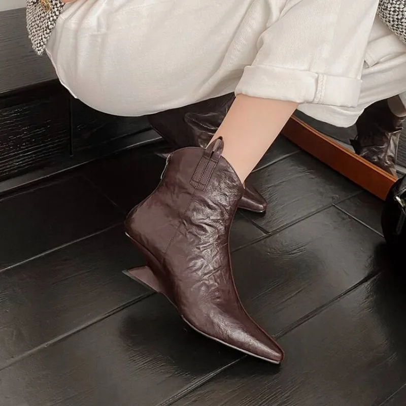 

Women Chelsea Boots Sexy Pointed Toe Ankle Boots Designer 2024 New Soft Leather Heels Shoes Gothic Fad Woman Brown Short Boots