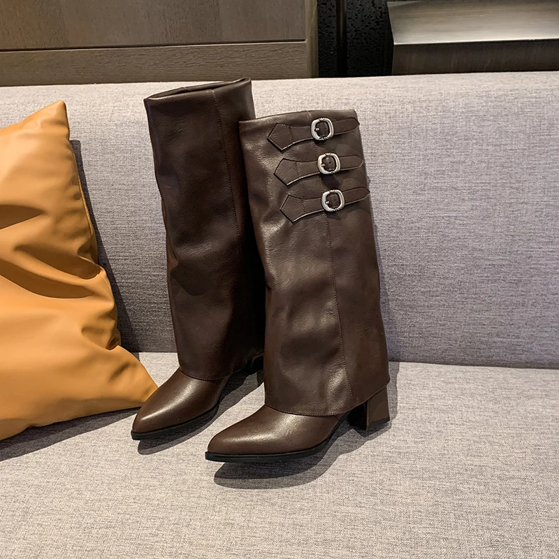 

High Quality Wasteland Punk Gothic Style Vintage Motorcycles Western Boots for Women Black Rivets Knee High Boot Shoes