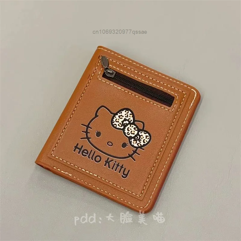 Retro Style Cute Leopard Hello Kitty MIni Wallet Female Short Coin Coin Purse Zipper 2 Fold PU Leather Multi-Card Card Holder