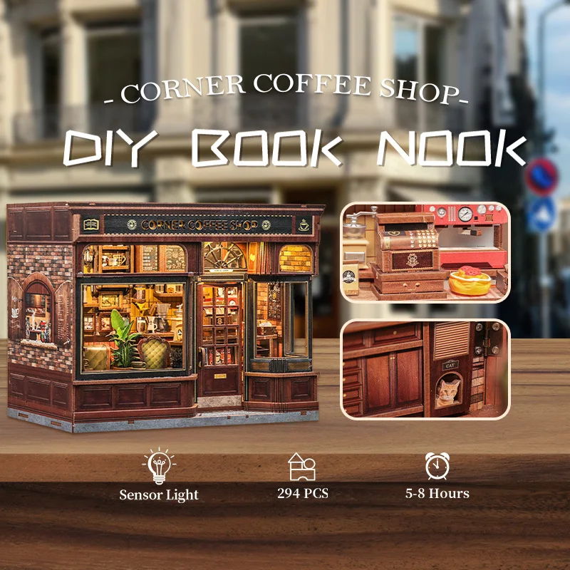 DIY Book Nook Miniature House Kit – Coffee Shop Model with LED Lighting 2