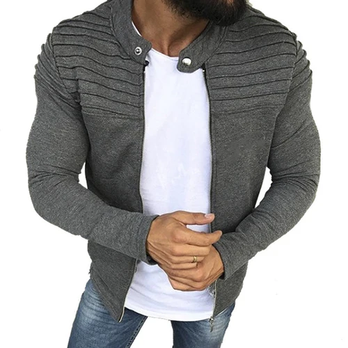 Imagen 2 del producto Chaqueta deportiva informal de otoño para hombre, chaqueta ajustada a rayas con pliegues, abrigo de manga larga con cremallera, cárdigan