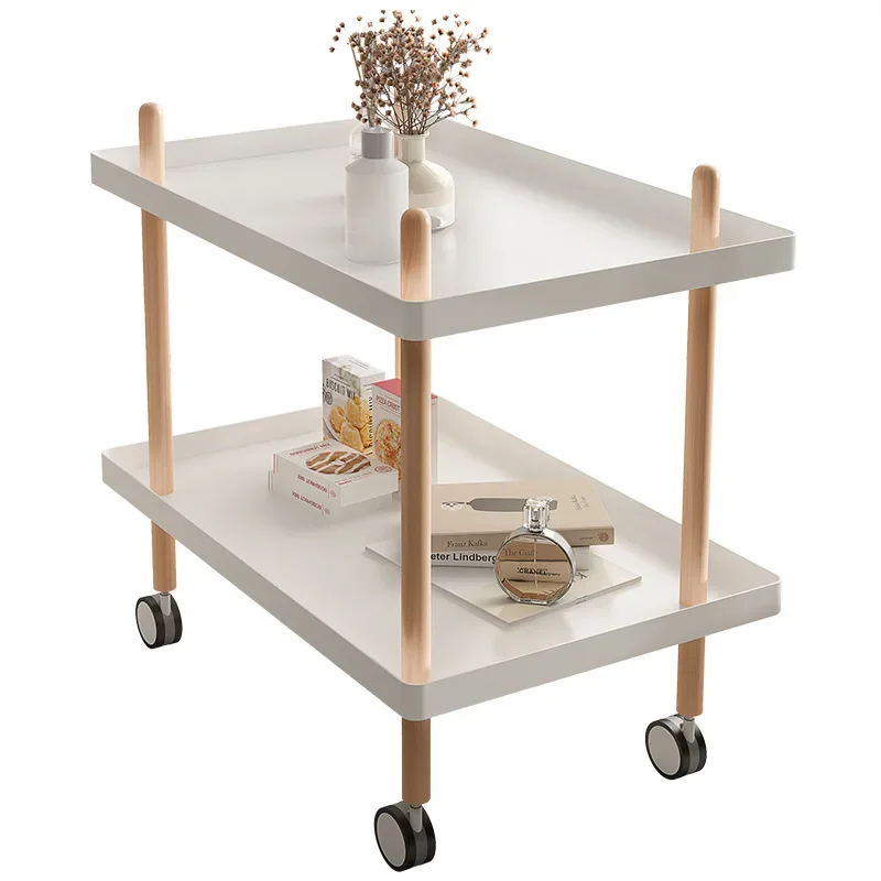 Nordic Style Mobile Trolley With Rollers Living Room 2 Layers Mobile Storage Rack Trolleys Multifunction Kitchen Solid Wood Cart