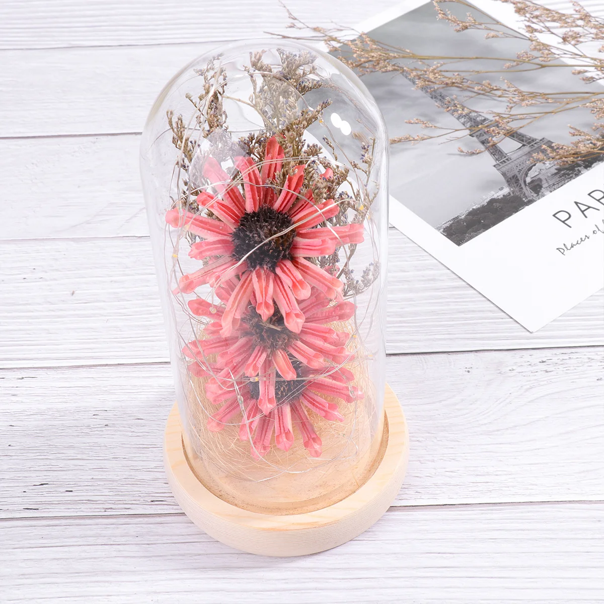 

LED Glass Dome Light Mini Artificial Sunflower Lamp Pink Decorative Light for Table Wedding Party Home Decor