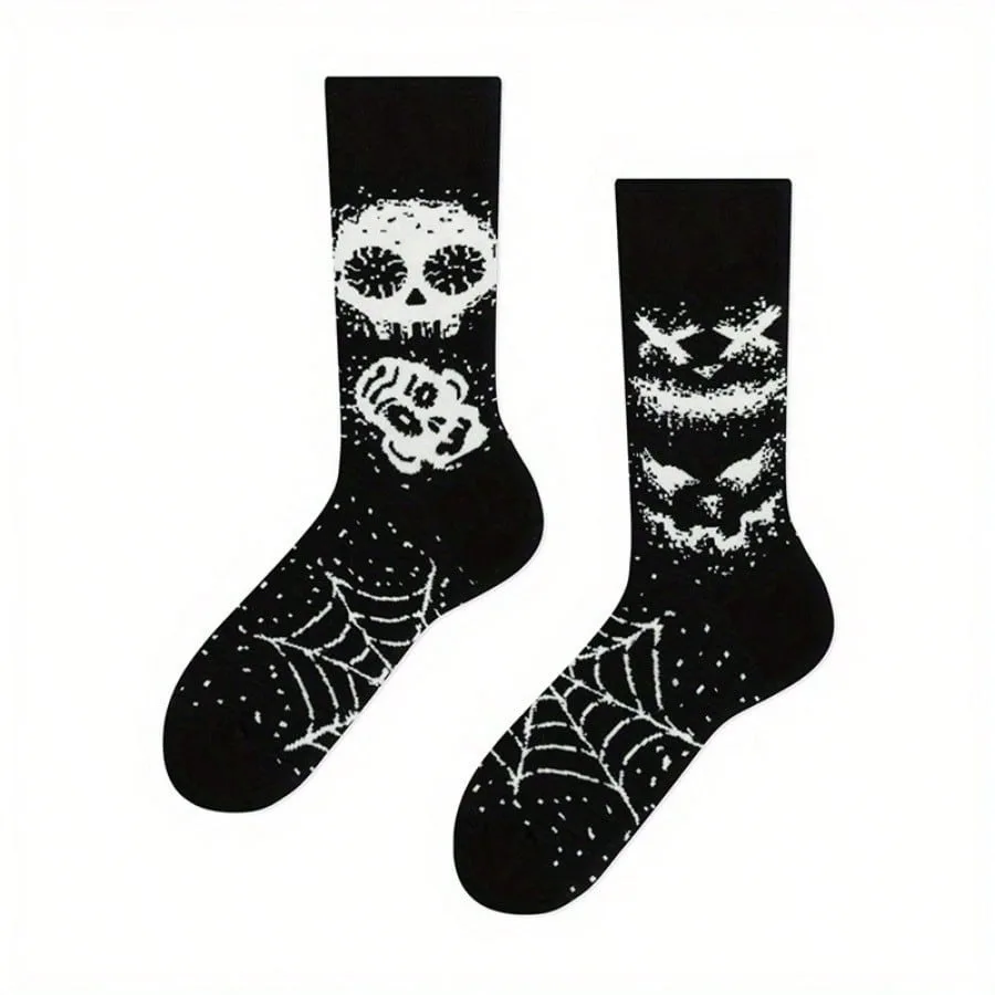 1 pair Unisex Creative Personality Asymmetrical Skull Print Street Style Fashion Socks, Couple Socks, Men\'s Socks