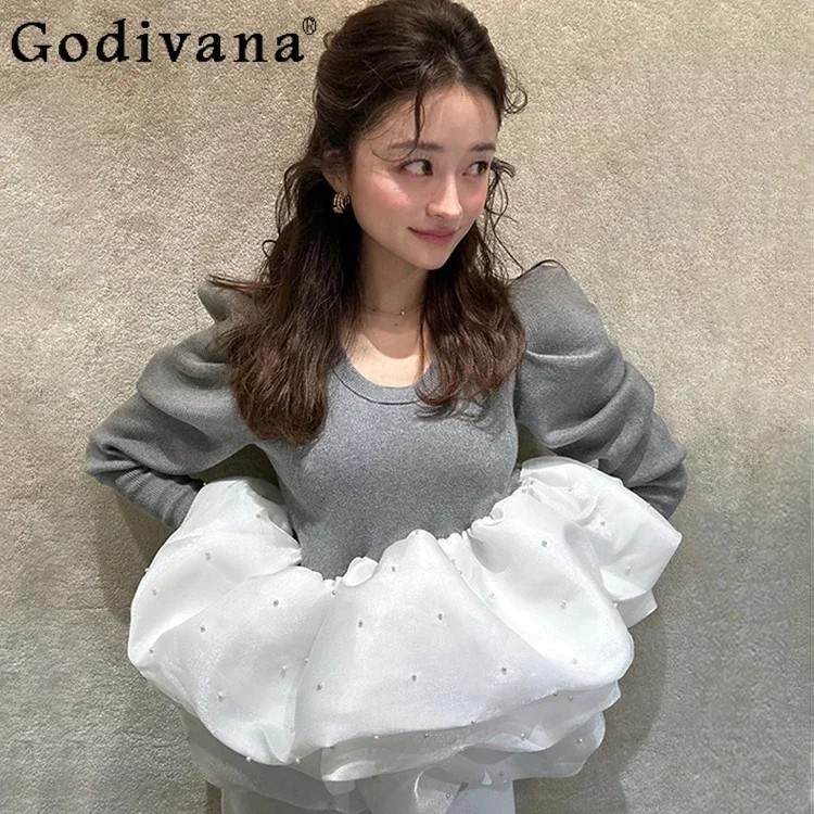 Japanese Style Gray Short Knitted Top Women's Autumn Winter Elegant Beaded Cloud Gauze Splicing Pullovers Lady Sweet Sweaters