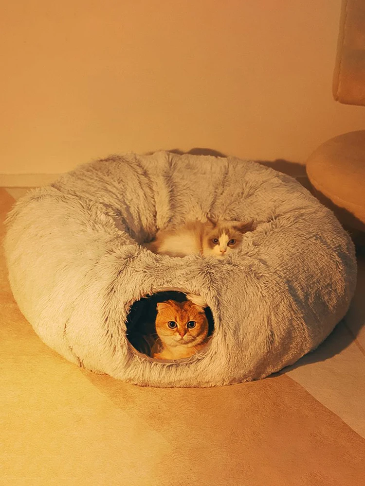 

Winter Warm Cat Cave Round Foldable Dog Bed Deep Sleeping Cat Tunnel Bed Pet Sleeping Bed Long Plush for Cats and Small Dogs