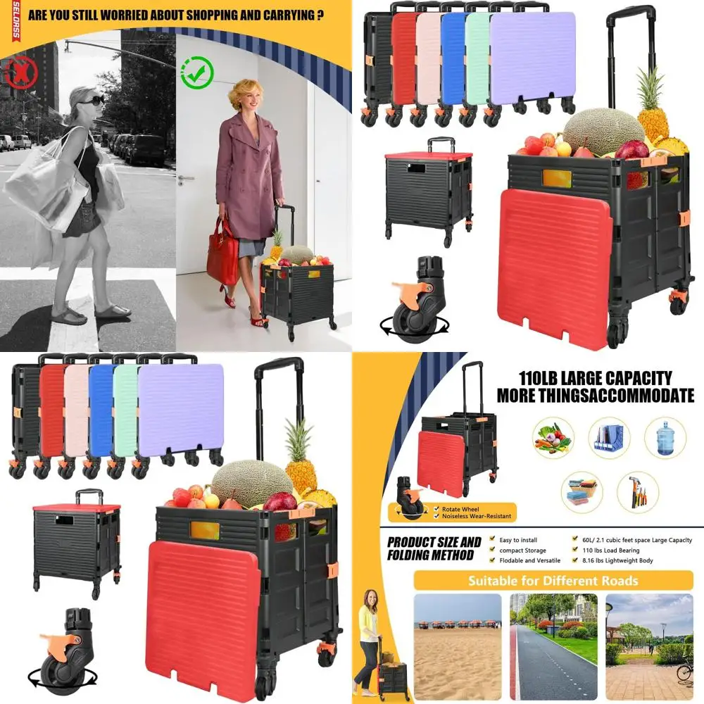

Large Capacity 110lbs Folding Cart with 360° Silent Wheels and Telescoping Handle for Shopping, Office, and School Use (Red)