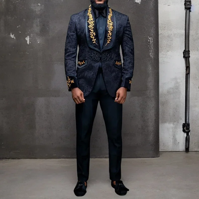 Black Floral Men Suits with Buttons Shawl Lapel Jacket with Pants 2  Piece Wedding Groom Tuxedo ( Blazer + Trousers) 2024