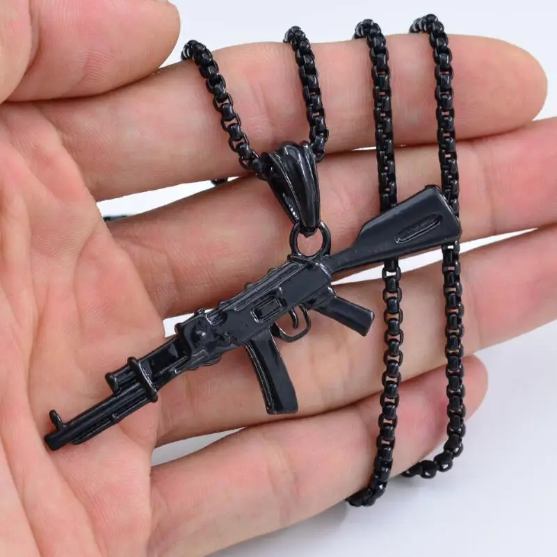 Trend Hip Hop Ice out Gold Silver Color Ak 47 Gun Pendant Necklace for Men Street Rap Rock Statement Jewelry Gift