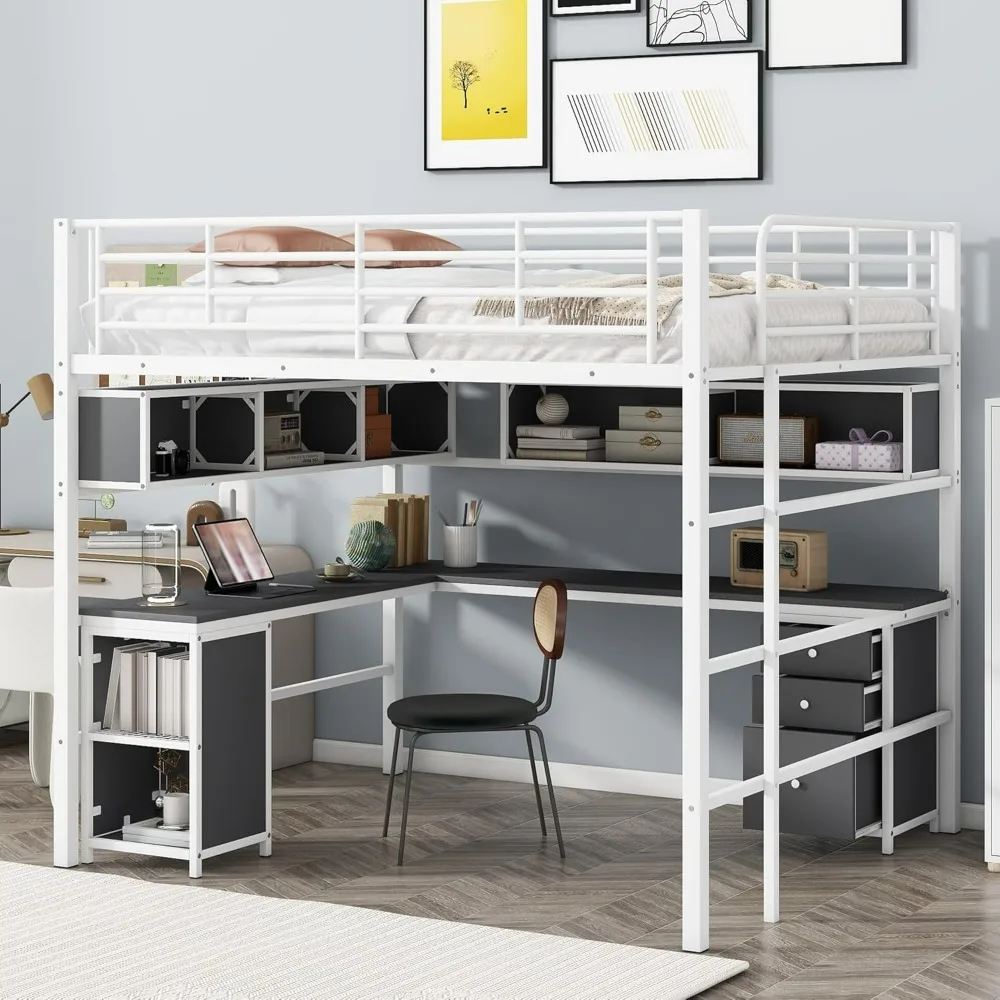 Dormitory Bed with Shelves and Ladder , Bedframe with L-shaped Desk, Bookcase and Storage Cabinet , for Kids Teens Adults