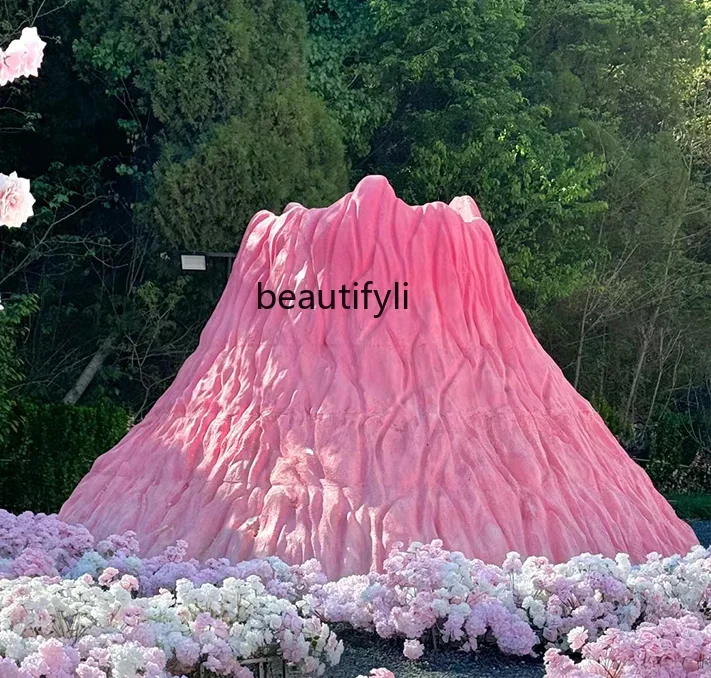 Pink Volcano GRP Sculpture Scenic Spot Clock-in Drainage Wedding Photo Floor-Standing Decorations Big