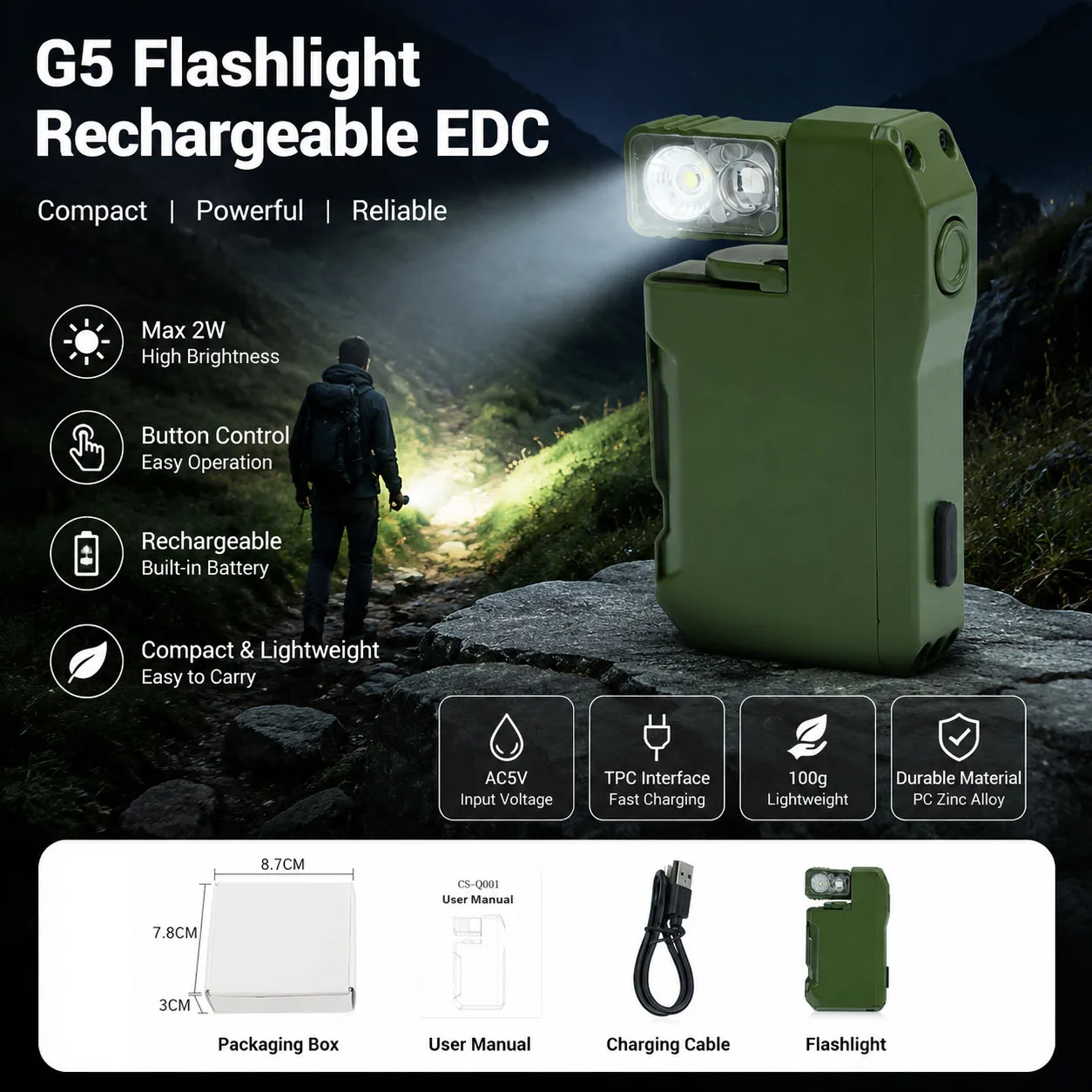 G5 EDC Flashlight High Power Mini Torch Work Light 180° Rotating Head 4 Modes Waterproof For Outdoor Portable Camping Lamp