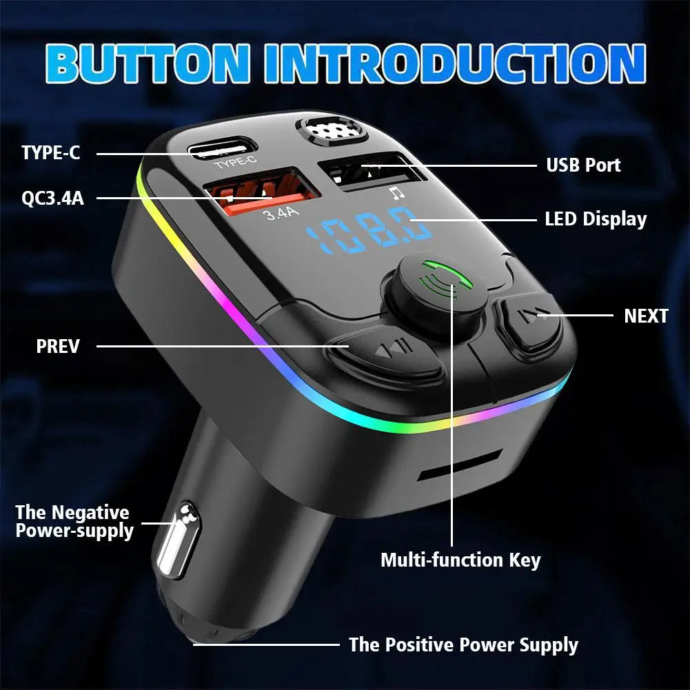 Car Bluetooth 5.0 FM Transmitter PD Type-C Dual USB 3.1A Colorful Ambient Light Handsfree MP3 Modulator Player